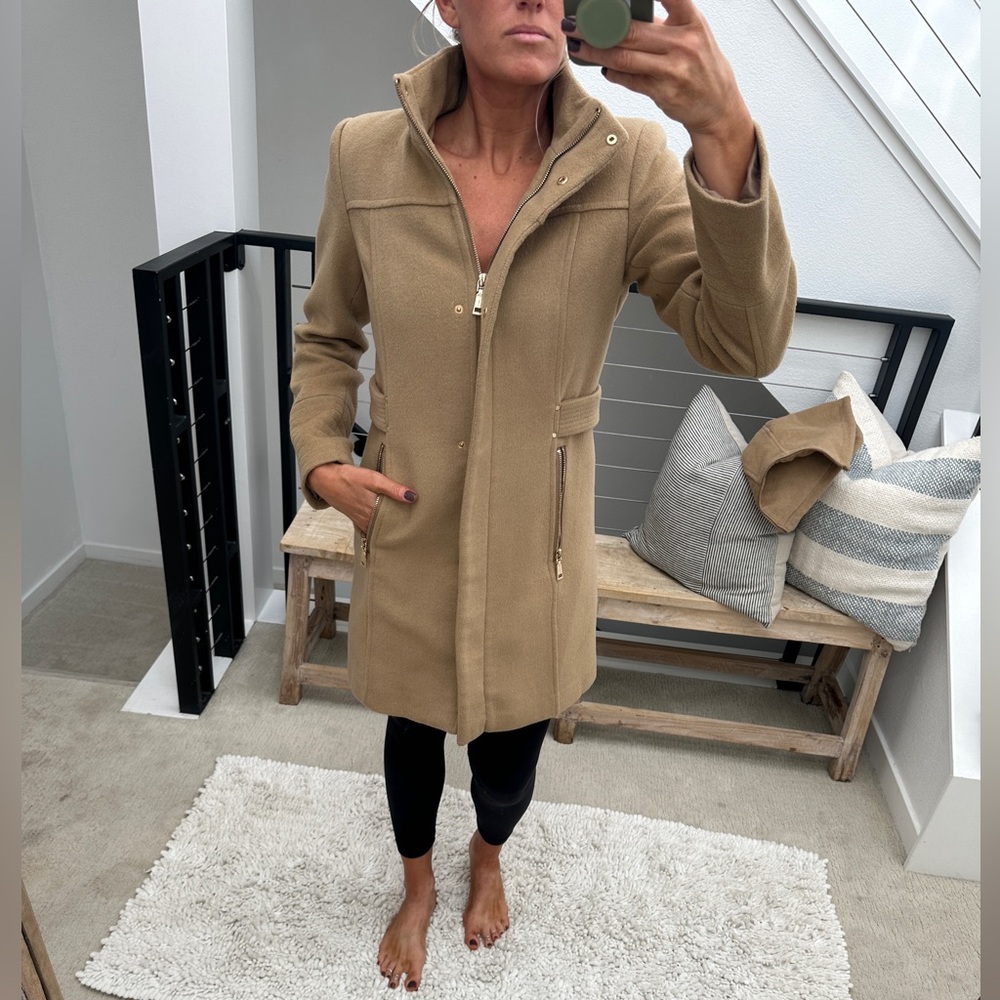 Vince Camuto Wool Blend Coat Camel Hooded Zip Up Jacket Chic Fall Winter Size XS